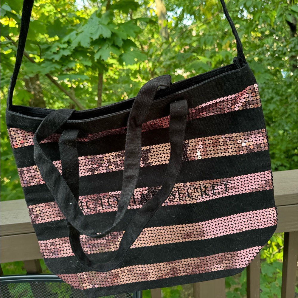 Victorias Secret Women's Bling Sequins Striped Double Straps Tote Bag